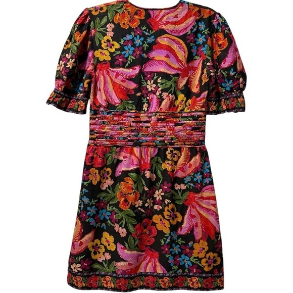 Farm Rio Vibrant Floral Print Bananas Deep V-Neck Puff Sleeve Mini Dress Small - Picture 6 of 9